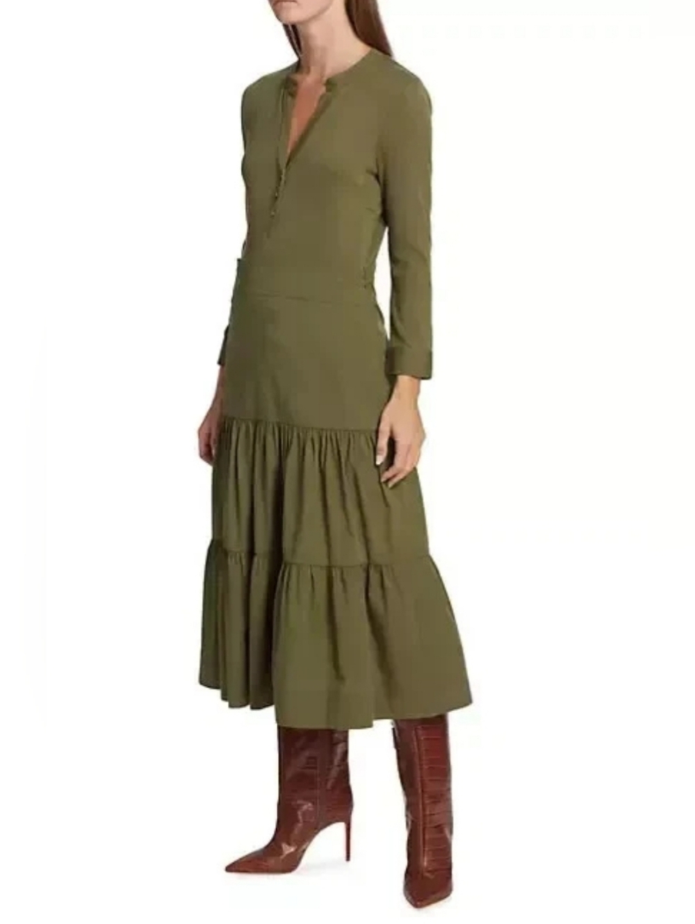 Veronica Beard Peralta Maxi Dress Womens Large Grern Long Sleeve V-Neck Tiered - Picture 3 of 9